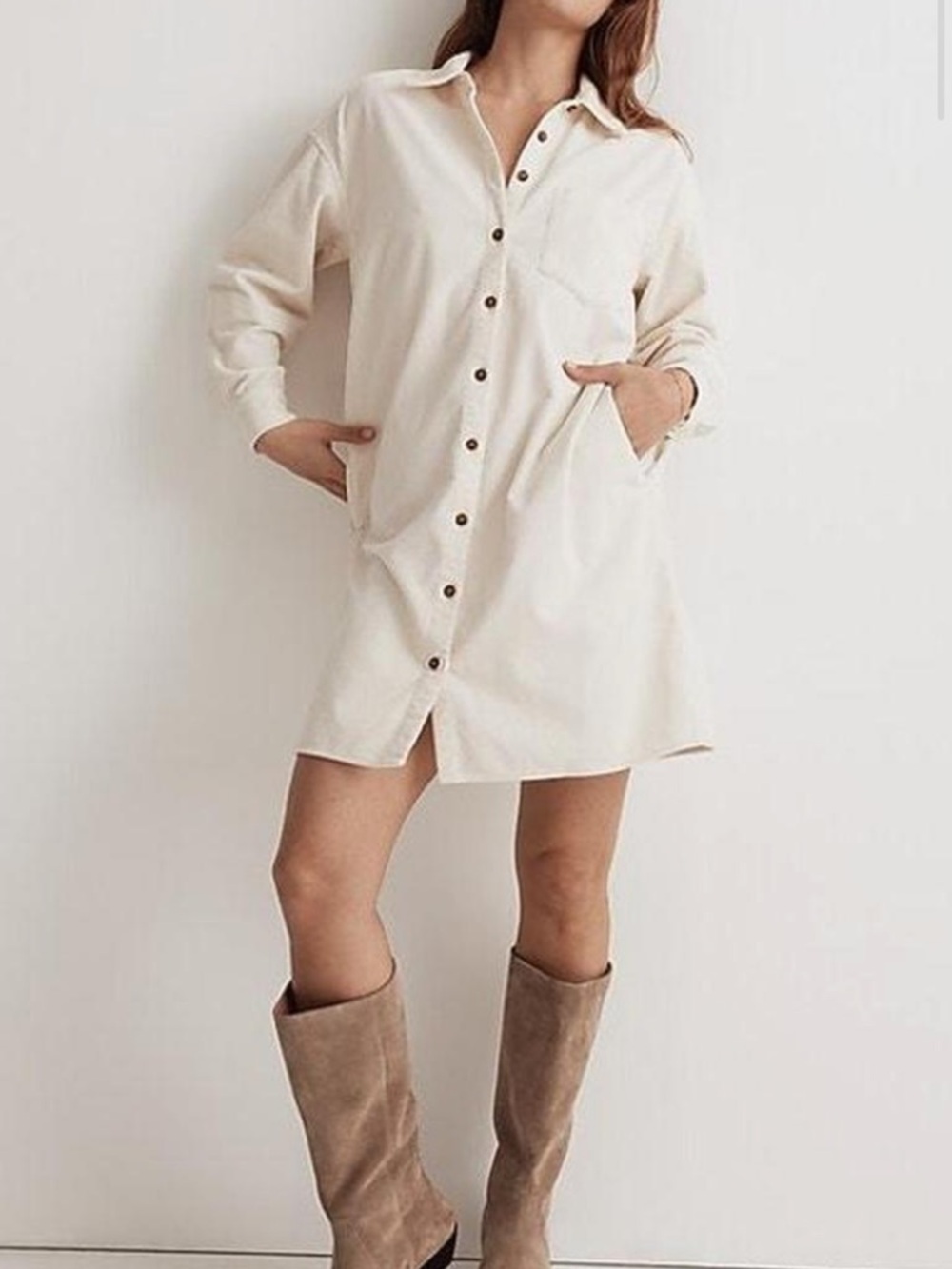 Madewell Cream Corduroy Button-Up Oversized Shirt Dress